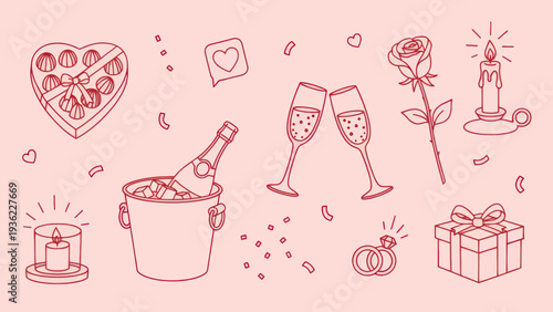 Romantic Valentines Day Celebration with Champagne, Chocolates, and Roses.