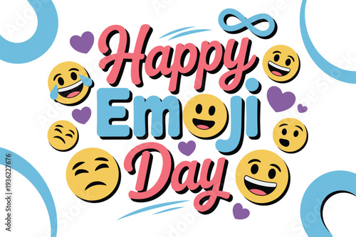 Joyful celebration of Happy Emoji Day with diverse expressive faces and hearts