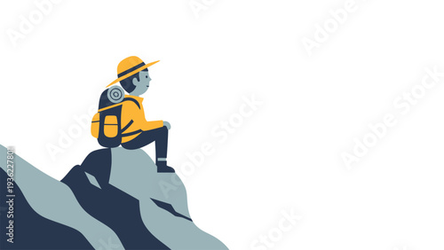 Hiker with backpack sitting on mountain peak, enjoying view and contemplating vast landscape