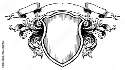 Vintage shield set with ribbon and floral ornament hand drawn outline illustration