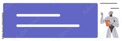 Artificial intelligence, robotics, data analysis, futuristic technology, automation, machine learning. A robot holding a clipboard and gesturing. Artificial intelligence and robotics concept