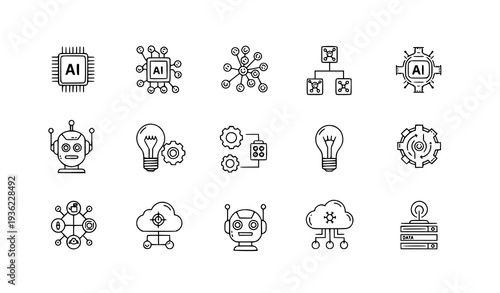 Minimal line style artificial intelligence icon set for modern technology and automation