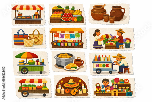 Mexican Daily Life Icon Set with Street Markets, Fruit Stands, Clay Jars, and Artisan Stalls in Torn Vector Style
