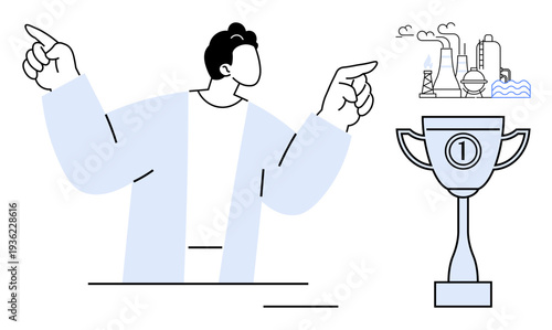 Industry success concept. A person gestures towards a factory and a trophy industry, success, and achievement. Industry and success, perfect for manufacturing, leadership, business growth, awards