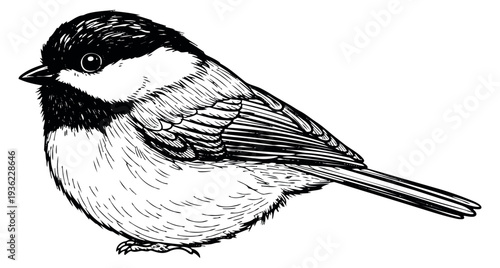 Bird illustration with chickadee black and white line art