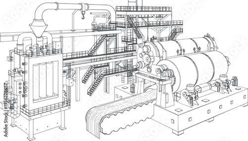 Steel Manufacturing Plant Vector Line Art Illustration, Industrial Factory with Blast Furnace and Rolling Mill, Heavy Industry Metallurgy Production Facility, Metal Processing Plant Outline Drawing 