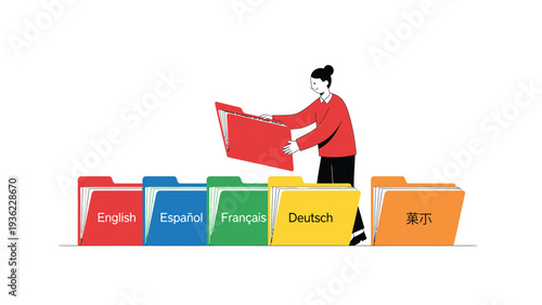 Multilingual Document Management. Person organizing language folders for global communication, translation, and localization services. Flat design.