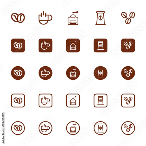 Coffee Culture and Roastery Icon Set with Beans Grinder and Mug Graphics