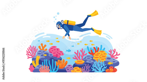 Scuba Diver Exploring Vibrant Coral Reef Ecosystem Underwater Marine Life Adventure