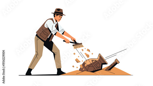 Archaeologist excavating ancient pottery artifact. Explorer discovering historical treasure at archaeological dig site.