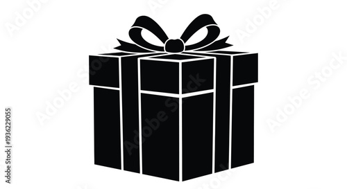 A black silhouette of a gift box with a decorative bow on top