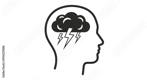 A black and white illustration of a human head containing a stormy cloud