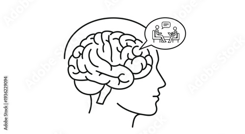 Illustration of a human brain with a thought bubble containing a desk and chair