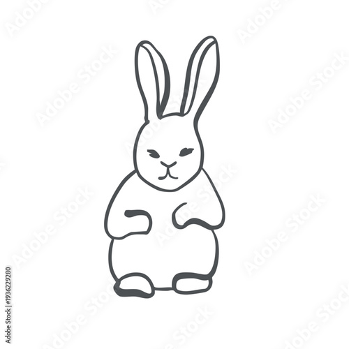 Rabbit sketch vector graphic illustration for design of farming and zoological themes. Whimsical hand drawn isolated Easter bunny. Black and white hare line art for organic products packaging, card.