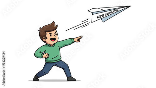 Determined cartoon boy launching 'New Initiative' paper airplane, symbolizing project start, innovation, and leadership.