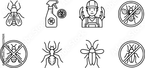 Pest control line icon set featuring insects, spray bottle, exterminator worker, rodents, ant, spider, mosquito, cockroach, and disinfectant protection symbols for professional services