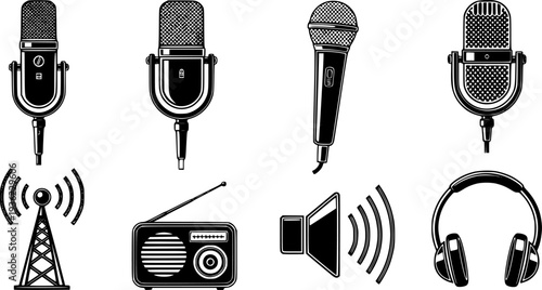 Set of black microphone icons and vintage radio broadcast symbols isolated on white background for podcasting, music, and audio recording designs.
