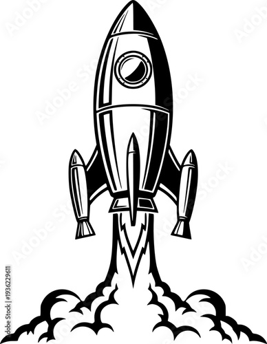Retro space rocket ship vector illustration launching with fire isolated on white background for startup growth mission and exploration concept
