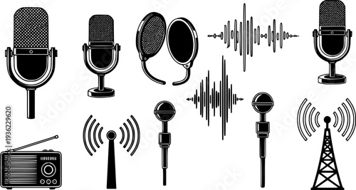 Set of black microphone icons and vintage radio broadcast symbols isolated on white background for podcasting, music, and audio recording designs.
