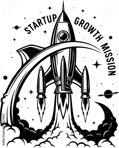Retro space rocket ship vector illustration launching with fire isolated on white background for startup growth mission and exploration concept
