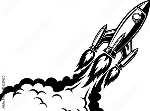 Retro space rocket ship vector illustration launching with fire isolated on white background for startup growth mission and exploration concept
