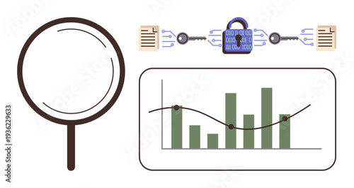 Cybersecurity, analytics, blockchain technology, data encryption, secure communication, business analysis. Magnifying glass, bar chart interconnected data with lock. Cybersecurity and analytics