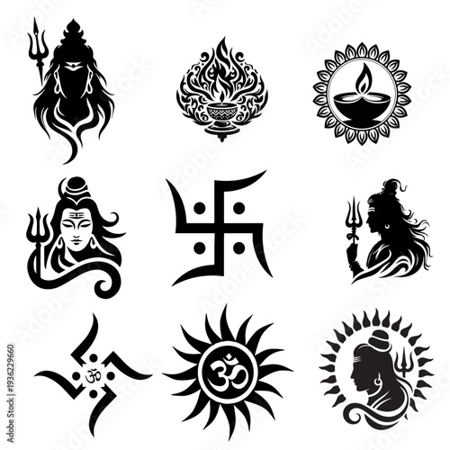 The image presents a dark, symbolic design featuring a central flame, encircled by delicate leaf patterns, and accented by a depiction of a hindu goddess profile. high-quality professional detailed mo