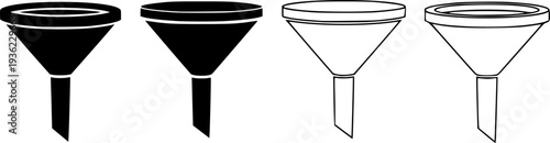 Set of black and white funnel icons with outline and solid silhouette styles isolated on white background for marketing and filtration.
