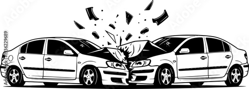 Car accident collision illustration showing two vehicles crashing head on symbolizing traffic accident, insurance claim, road safety, and transportation risk concept