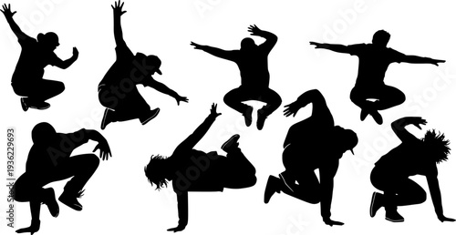Dynamic street dancer silhouettes in expressive energetic poses including jumping and hip hop movements for music event and performing arts graphic design