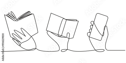 Continuous line drawing of hands holding an open book, a closed book, and a smartphone device