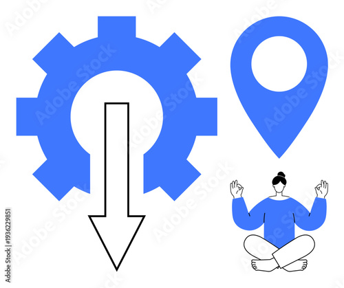 Technology, mindfulness, navigation, productivity, personal growth, decision-making. Blue gear and arrow, location pin meditating person in modern design. Technology and mindfulness concept
