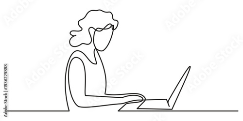 Continuous line drawing of a woman working on a laptop computer at a desk