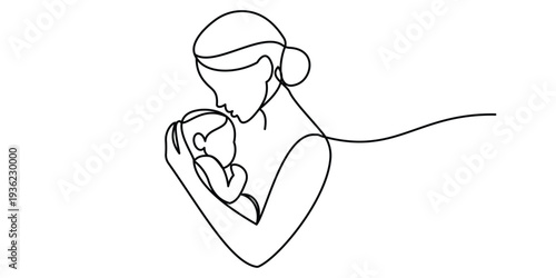 Minimalist continuous line art of a mother tenderly holding her newborn baby in her arms