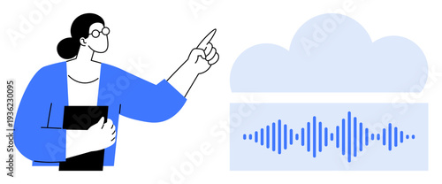 Cloud technology concept. Cloud hosting visual with sound wave symbol for voice recognition. Cloud technology enables voice interaction, data storage, and seamless communication. For IT, AI, audio
