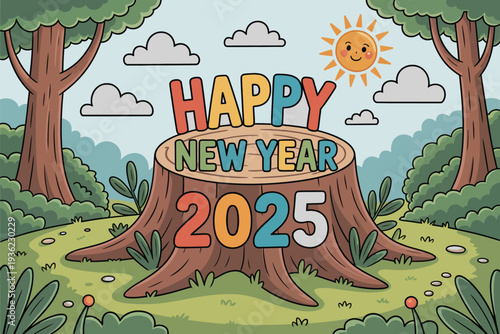 Tree stump with Happy New Year 2025 written on it in cartoon style