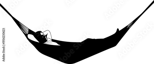 Silhouette of a person relaxing in a hammock human, silhouette, person, human, male, female, relaxing, hammock, lying, resting, leisure, vacation, travel, outdoor, nature, summer, comfort, peace