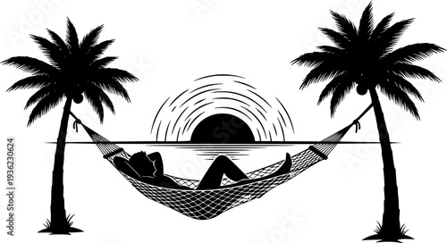 Silhouette of a person relaxing in a hammock human, silhouette, person, human, male, female, relaxing, hammock, lying, resting, leisure, vacation, travel, outdoor, nature, summer, comfort, peace