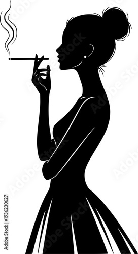 Elegant woman smoking cigarette silhouette vector illustration
