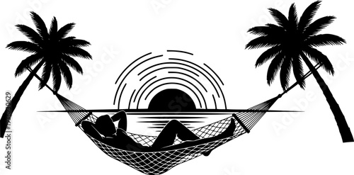 Silhouette of a person relaxing in a hammock human, silhouette, person, human, male, female, relaxing, hammock, lying, resting, leisure, vacation, travel, outdoor, nature, summer, comfort, peace