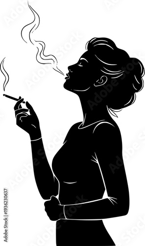 Elegant woman smoking cigarette silhouette vector illustration
