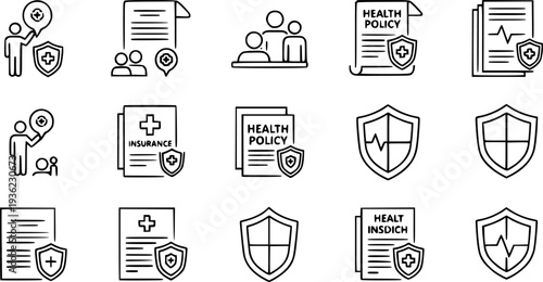 Medical insurance and personal protection line icon set featuring accident coverage health policy documents and shield safety symbols for corporate design
