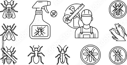 Pest control line icon set featuring insects, spray bottle, exterminator worker, rodents, ant, spider, mosquito, cockroach, and disinfectant protection symbols for professional services