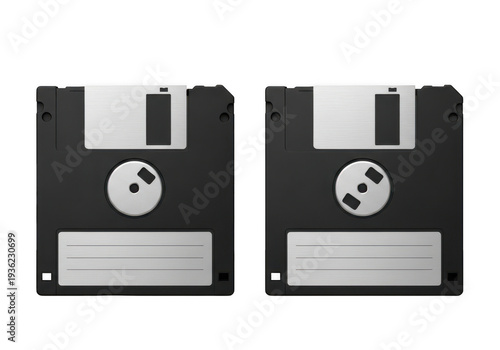 Pair of black floppy disks with white labels and circular diskette isolated on transparent background
