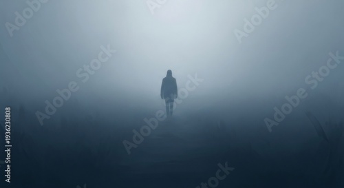 Mysterious Silhouette Walking Through Dense Fog Towards Light.