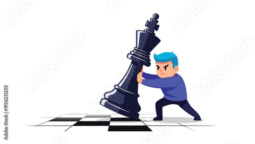 Cartoon character pushing a large chess king piece, symbolizing strategy, challenge, and determination on a chessboard.