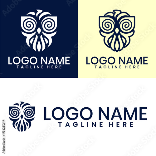 Ornamental spiral owl logo set