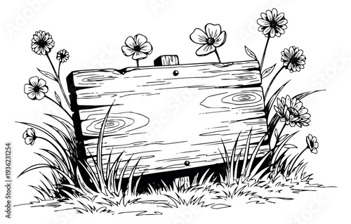 Wooden signboard with flowers and grass hand drawn outline illustration