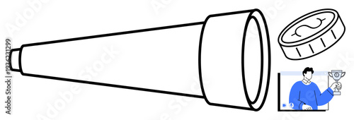 Telescope, coin, and figure holding a trophy signify vision, achievement, and goal-setting. Ideal for themes thumbs up leadership, success, financial planning, exploration focus ambition