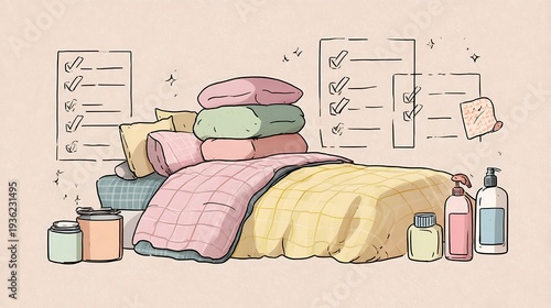 Cozy bedroom interior with pastel colored bedding toiletries and checklist on peach background relaxation and morning routine concept